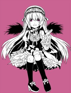 Rating: Safe Score: 0 Tags: 1girl boots dress flower frilled_sleeves frills hairband image kneehighs lolita_hairband long_hair long_sleeves looking_at_viewer monochrome pink_background rose shoes simple_background sitting smile solo suigintou very_long_hair wings User: admin