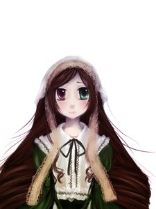 Rating: Safe Score: 0 Tags: 1girl black_ribbon blush brown_hair dress frills green_dress green_eyes heterochromia image long_hair long_sleeves looking_at_viewer red_eyes ribbon simple_background solo suiseiseki upper_body very_long_hair white_background User: admin