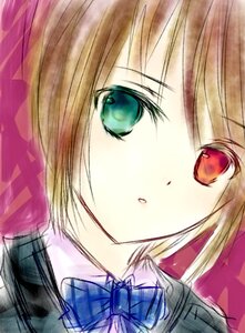 Rating: Safe Score: 0 Tags: 1girl blonde_hair blue_bow blue_neckwear bow bowtie close-up collared_shirt green_eyes hariruri image jacket looking_at_viewer red_eyes school_uniform short_hair solo souseiseki User: admin