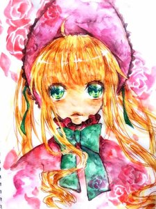 Rating: Safe Score: 0 Tags: 1girl blonde_hair bonnet bow bowtie flower green_eyes hat image long_hair looking_at_viewer pink_flower pink_rose red_flower red_rose rose shinku solo traditional_media twintails watercolor_(medium) User: admin