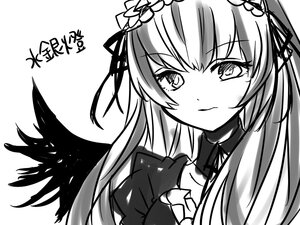 Rating: Safe Score: 0 Tags: 1girl blush closed_mouth dress eyebrows_visible_through_hair frilled_hairband greyscale hairband image lolita_hairband long_hair looking_at_viewer monochrome ribbon simple_background smile solo suigintou upper_body white_background wings User: admin