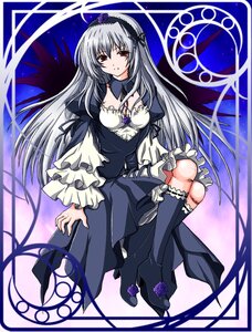 Rating: Safe Score: 0 Tags: 1girl black_wings boots breasts doll_joints dress flower frills hairband image joints knee_boots long_hair long_sleeves looking_at_viewer medium_breasts red_eyes rose silver_hair sitting solo suigintou wings User: admin