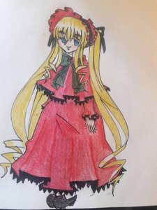 Rating: Safe Score: 0 Tags: 1girl black_footwear blonde_hair blue_eyes bonnet bow bowtie dress full_body image long_hair long_sleeves looking_at_viewer marker_(medium) red_dress shinku shoes solo standing traditional_media twintails very_long_hair User: admin