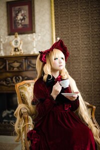 Rating: Safe Score: 0 Tags: 1girl blonde_hair blue_eyes bow chair cup dress flower long_hair painting_(object) realistic red_dress saucer shinku solo teacup twintails User: admin