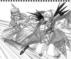 Rating: Safe Score: 0 Tags: 2girls akemi_homura black_hair black_wings bow dress emphasis_lines feathered_wings gloves greyscale hat image long_hair monochrome multiple_girls pair ribbon simple_background souseiseki suigintou white_background wings User: admin