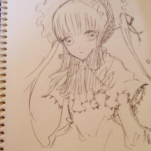 Rating: Safe Score: 0 Tags: 1girl bangs bonnet bow bowtie dress frills image long_hair long_sleeves looking_at_viewer monochrome photo shinku simple_background sketch smile solo traditional_media upper_body User: admin