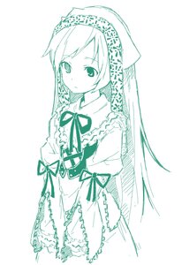 Rating: Safe Score: 0 Tags: 1girl blush commentary_request corset dress expressionless eyebrows_visible_through_hair frilled_sleeves frills green_theme head_scarf heterochromia image layered_sleeves long_hair long_sleeves looking_at_viewer monochrome neck_ribbon puffy_long_sleeves puffy_sleeves ribbon rozen_maiden shuukichi_(ihuku) simple_background solo suiseiseki very_long_hair white_background User: admin