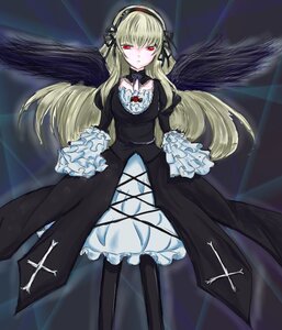 Rating: Safe Score: 0 Tags: 1girl black_dress black_wings blonde_hair checkered_floor dress flower frills hairband image long_hair long_sleeves looking_at_viewer red_eyes ribbon rose solo suigintou very_long_hair wings User: admin