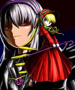 Rating: Safe Score: 0 Tags: 2girls black_wings blonde_hair blue_eyes bow dress hairband image long_hair long_sleeves looking_at_viewer multiple_girls pair red_dress rose shinku silver_hair standing suigintou wings User: admin