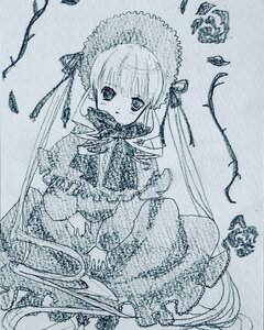 Rating: Safe Score: 0 Tags: 1girl bonnet dress image lace lolita_fashion long_hair long_sleeves looking_at_viewer monochrome shinku solo traditional_media twintails very_long_hair User: admin