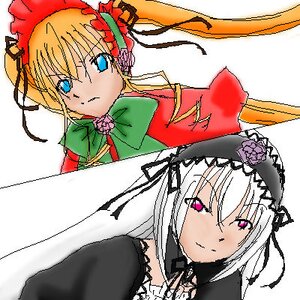 Rating: Safe Score: 0 Tags: 2girls blonde_hair blue_eyes blush bonnet dress green_neckwear hairband image long_hair long_sleeves looking_at_viewer multiple_girls oekaki pair shinku simple_background suigintou white_background User: admin