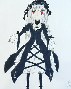 Rating: Safe Score: 0 Tags: 1girl bangs closed_mouth dress eyebrows_visible_through_hair frills hairband image lolita_hairband long_hair long_sleeves looking_at_viewer red_eyes ribbon signature simple_background solo suigintou traditional_media User: admin