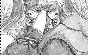 Rating: Safe Score: 0 Tags: 2girls blush dress greyscale hat image long_hair long_sleeves monochrome multiple_girls open_mouth outdoors pair ribbon souseiseki suiseiseki tree twintails User: admin