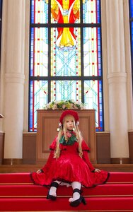 Rating: Safe Score: 0 Tags: 1girl blonde_hair bonnet doll_joints dress flower long_hair long_sleeves looking_at_viewer red_dress shinku shoes sitting solo window User: admin