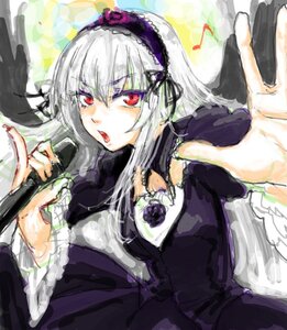 Rating: Safe Score: 0 Tags: 1girl bangs black_dress black_wings dress feathered_wings flower frilled_sleeves frills gothic_lolita hairband image karaoke lolita_fashion long_hair long_sleeves looking_at_viewer microphone music open_mouth osakana_(denpa_yun'yun) outstretched_hand red_eyes rose rozen_maiden silver_hair singing solo suigintou wings User: admin