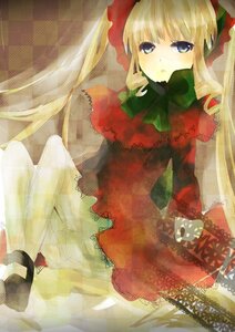 Rating: Safe Score: 0 Tags: 1girl argyle blonde_hair blue_eyes bonnet bow bowtie checkered checkered_background checkered_floor dress green_bow image long_hair long_sleeves looking_at_viewer red_dress shinku sitting solo twintails User: admin