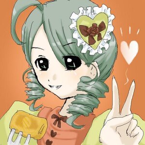 Rating: Safe Score: 0 Tags: 1girl ahoge blush chocolate drill_hair food green_hair heart image kanaria orange_background simple_background smile solo upper_body User: admin