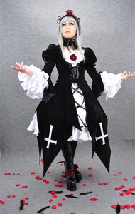 Rating: Safe Score: 0 Tags: 1girl black_dress boots choker dress flower gothic_lolita long_hair petals red_eyes red_flower rose rose_petals silver_hair solo standing suigintou User: admin