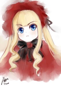 Rating: Safe Score: 0 Tags: 1girl bangs blonde_hair blue_eyes blush bow bowtie closed_mouth dress eyebrows_visible_through_hair flower image long_hair looking_at_viewer red_dress rose shinku sidelocks signature simple_background solo upper_body white_background User: admin