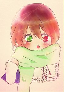 Rating: Safe Score: 0 Tags: 1boy :o auto_tagged bangs blush brown_hair capelet eyebrows_visible_through_hair green_eyes image long_sleeves looking_at_viewer open_mouth red_eyes scarf simple_background solo souseiseki striped traditional_media upper_body User: admin