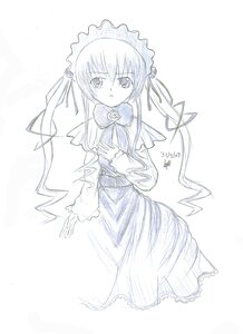 Rating: Safe Score: 0 Tags: 1girl dress image long_hair long_sleeves looking_at_viewer monochrome ribbon shinku simple_background solo striped twintails very_long_hair white_background User: admin