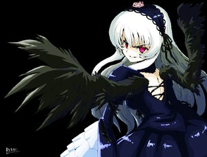 Rating: Safe Score: 0 Tags: 1girl black_background black_wings dress feathered_wings feathers flower frills hairband image lolita_hairband long_hair long_sleeves looking_at_viewer looking_back pink_eyes rose silver_hair smile solo suigintou wings User: admin
