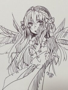 Rating: Safe Score: 0 Tags: 1girl dress greyscale image long_hair long_sleeves looking_at_viewer monochrome open_mouth simple_background sketch smile solo suigintou traditional_media wings User: admin