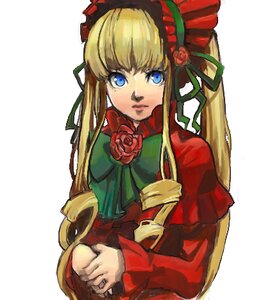 Rating: Safe Score: 0 Tags: 1girl bangs blonde_hair blue_eyes bonnet bow bowtie dress flower green_bow image long_hair long_sleeves looking_at_viewer red_flower red_rose rose shinku sidelocks simple_background solo upper_body white_background User: admin