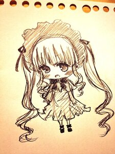 Rating: Safe Score: 0 Tags: 1girl blush chibi dress eyebrows_visible_through_hair full_body image long_hair looking_at_viewer monochrome open_mouth photo sepia shinku solo standing traditional_media twintails very_long_hair User: admin
