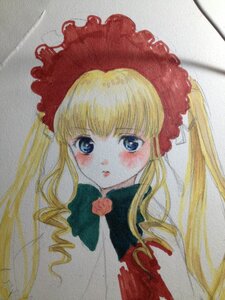 Rating: Safe Score: 0 Tags: 1girl bangs blonde_hair blue_eyes blush bonnet bow bowtie drill_hair flower image lips long_hair looking_at_viewer marker_(medium) photo red_capelet rose shinku sidelocks solo traditional_media twintails upper_body watercolor_(medium) User: admin