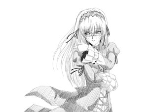 Rating: Safe Score: 0 Tags: 1girl blush dress frills hairband image juliet_sleeves long_hair long_sleeves looking_at_viewer monochrome puffy_sleeves ribbon simple_background solo suigintou white_background User: admin