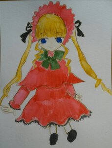 Rating: Safe Score: 0 Tags: 1girl blonde_hair blue_eyes bonnet bow bowtie capelet dress green_bow green_neckwear image long_hair long_sleeves looking_at_viewer marker_(medium) photo red_dress shinku simple_background solo standing traditional_media twintails User: admin