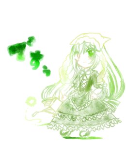 Rating: Safe Score: 0 Tags: 1girl braid dress green_theme hat image long_hair long_sleeves monochrome sitting solo striped suiseiseki very_long_hair User: admin