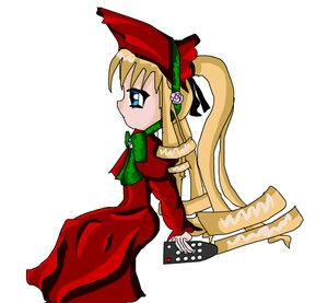 Rating: Safe Score: 0 Tags: 1girl blonde_hair blue_eyes bonnet bow dress flower image long_hair long_sleeves red_dress shinku simple_background solo very_long_hair white_background User: admin