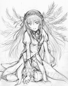 Rating: Safe Score: 0 Tags: 1girl dress frills greyscale hairband image lolita_hairband long_hair long_sleeves looking_at_viewer monochrome sketch smile solo suigintou very_long_hair white_background wings User: admin