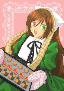 Rating: Safe Score: 0 Tags: 1girl :d brown_hair dress food frills green_dress green_eyes head_scarf heart heterochromia image long_hair long_sleeves looking_at_viewer open_mouth red_eyes smile solo suiseiseki very_long_hair User: admin