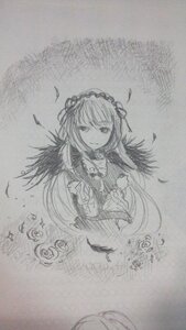 Rating: Safe Score: 0 Tags: 1girl closed_mouth dress feathers flower greyscale hairband image lolita_hairband long_hair long_sleeves looking_at_viewer monochrome rose smile solo suigintou traditional_media upper_body User: admin