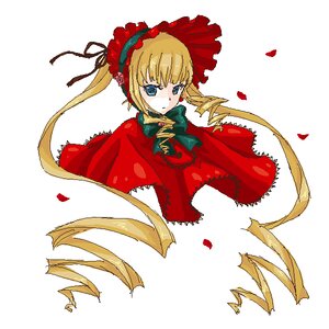 Rating: Safe Score: 0 Tags: 1girl blonde_hair blue_eyes bonnet bow bowtie capelet dress drill_hair flower green_bow image long_hair long_sleeves looking_at_viewer petals rose shinku simple_background solo twintails white_background User: admin