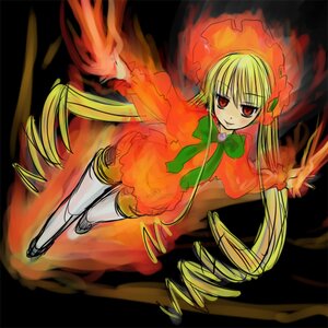 Rating: Safe Score: 0 Tags: 1girl blonde_hair bow bowtie dress drill_hair fire full_body green_neckwear image long_hair long_sleeves red_eyes rose shinku solo standing tongue tongue_out twin_drills twintails very_long_hair white_legwear User: admin