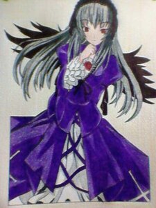 Rating: Safe Score: 0 Tags: 1girl black_wings dress frills image long_hair long_sleeves looking_at_viewer purple_dress red_eyes rose simple_background solo suigintou wings User: admin