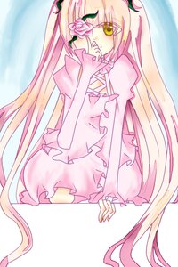 Rating: Safe Score: 0 Tags: 1girl blonde_hair dress eyepatch flower image kirakishou long_hair long_sleeves pink_dress pink_hair rose sitting solo striped very_long_hair yellow_eyes User: admin