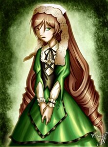 Rating: Safe Score: 0 Tags: brown_hair dress drill_hair frills green_background green_dress green_eyes image long_hair long_sleeves ribbon solo standing suiseiseki twin_drills very_long_hair User: admin