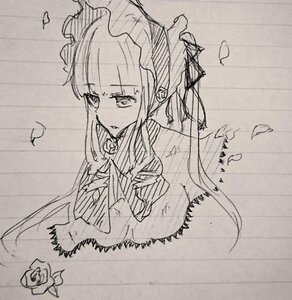 Rating: Safe Score: 0 Tags: 1girl bangs bonnet dress flower frills image long_hair monochrome petals rose shinku solo traditional_media upper_body User: admin