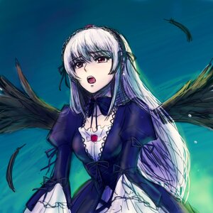 Rating: Safe Score: 0 Tags: 1girl black_wings detached_collar dress feathered_wings feathers frills hairband image long_hair long_sleeves open_mouth pink_eyes puffy_sleeves silver_hair solo suigintou wings User: admin