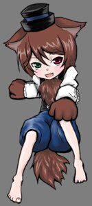 Rating: Safe Score: 0 Tags: 1girl animal_ears barefoot brown_hair dog_ears full_body green_eyes hat heterochromia image open_mouth paws red_eyes smile solo souseiseki suiseiseki tail top_hat transparent_background wolf_tail User: admin
