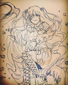 Rating: Safe Score: 0 Tags: 1girl boots dress hair_ornament image kirakishou long_hair long_sleeves monochrome smile solo traditional_media User: admin