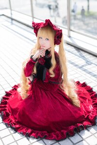 Rating: Safe Score: 0 Tags: 1girl bangs blonde_hair blue_eyes blurry bonnet bow depth_of_field dress flower frills indoors lolita_fashion long_hair long_sleeves looking_at_viewer pantyhose red_dress rose shinku solo tile_floor tiles User: admin