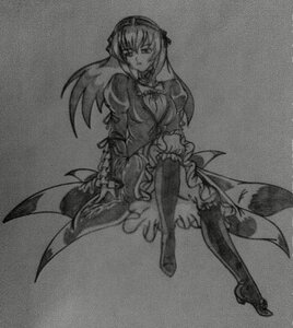 Rating: Safe Score: 0 Tags: 1girl dress greyscale image long_hair monochrome solo standing suigintou thighhighs traditional_media User: admin