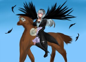 Rating: Safe Score: 0 Tags: 1girl bird black_wings crow feathers flying image red_eyes silver_hair solo suigintou wings User: admin
