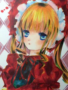 Rating: Safe Score: 0 Tags: 1girl bangs blonde_hair blue_eyes bow bowtie dress drill_hair eyebrows_visible_through_hair hat image long_hair long_sleeves looking_at_viewer marker_(medium) millipen_(medium) pastel_(medium) red_dress shinku sidelocks solo traditional_media twin_drills twintails upper_body watercolor_(medium) User: admin